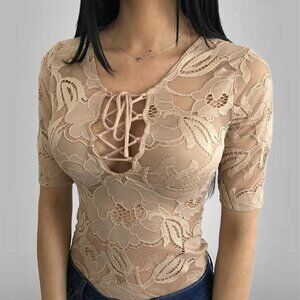 Guess Beige Lace Up Corset Rose Bodysuit Floral Short Sleeves Mesh New